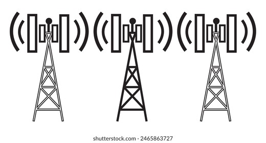 telecommunications signal transmitter. Vector illustration icon of a radio tower silhouette. Telecommunications and broadcasting industry concept icon