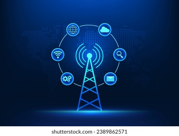 Telecommunications technology Transmission tower in front of world map with technology icons It represents the development of advanced communications networks to distribute signals around the world.