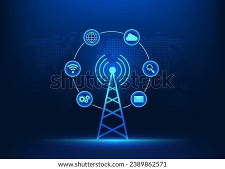 Telecommunications technology Transmission tower in front of world map with technology icons It represents the development of advanced communications networks to distribute signals around the world.