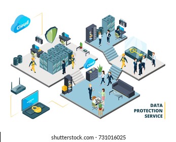 Telecommunications Tools. Big Datacenter With Specific Systems And Cloud Servers. Isometric Illustrations Of Network Company Interior Datacenter With People