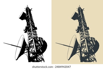 Telecommunications tower with repeaters and antennas close-up