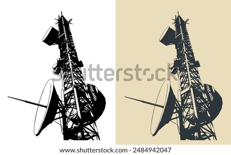 Telecommunications tower with repeaters and antennas close-up