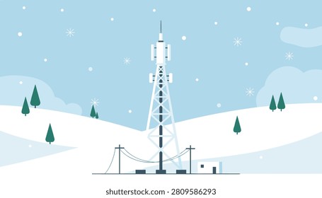 Telecommunications tower standing in a serene snowy mountain landscape with pine trees and power lines in winter.