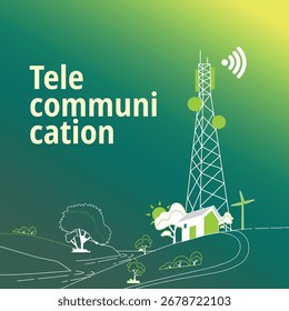 torre de telecomunicações, no estilo de sequências de ação dinâmica verde, ilustração digital, fundo verde, luz verde