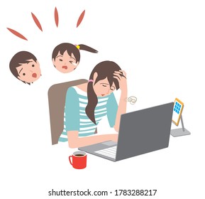 telecommute, children making noise when woman use computers