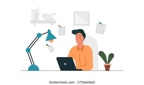 Telecommuting business job man concept vector illustration with laptop. Computer technology remote working from home. Online freelance network desk workplace with chair. Sitting telework distance