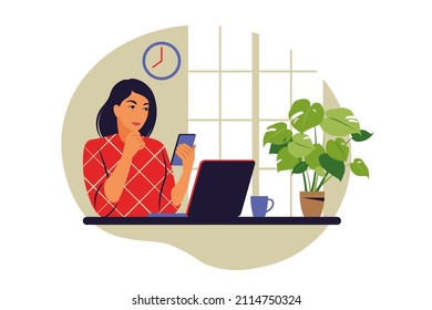 Telecommuting concept. Freelancer working from home. Vector illustration. Flat.