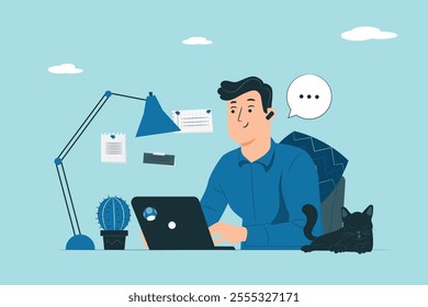 Telecommuting concept illustration. Person working on a laptop at home, symbolizing flexible work arrangements and remote work.