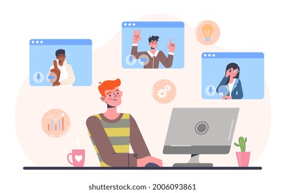 Telecommuting Concept. The Man Is Sitting At Home And Communicating With Colleagues Via Video Link. Remote Work, Satisfied Employees. Cartoon Flat Vector Illustration Isolated On A White Background