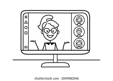 Telecommuting concept. Online learning. Video conference. Remote employee communicates via the Internet. Teacher working, taking part in online negotiations, in business activities.  Working from home