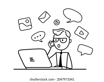 Telecommuting concept. A remote employee communicates via the Internet. Businessman working, taking part in online negotiations, in business activities.  Working from home. Online learning. 