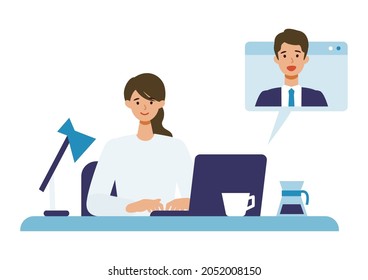 Telecommuting concept. Vector illustration of businesswoman having communication via telecommuting system. 