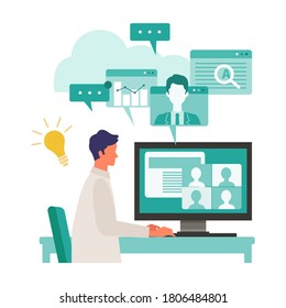 El concepto de telecomunicaciones. Ilustración vectorial del hombre resuelve el problema a través del sistema de teletrabajo. Concepto para la charla de negocios. Ilustración vectorial de diseño plano de las personas teletrabajadoras.