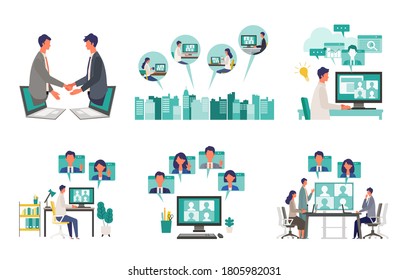 Telecommuting concept. Vector illustration of people having communication via telecommuting system. Concept for any telework illustration, video conference, workers at home. 