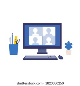 El concepto de telecomunicaciones. Ilustración vectorial de personas que tienen comunicación a través del sistema de telecomunicaciones. Concepto de teletrabajo, videoconferencia, trabajadores en casa. 