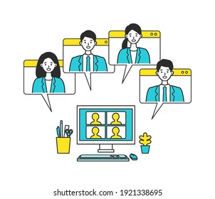 Telecommuting concept. Vector illustration of people having communication via telecommuting system. Concept for video conference, workers at home. 