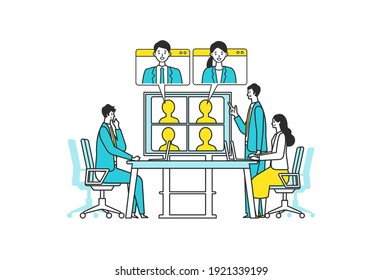 El concepto de telecomunicaciones. Ilustración vectorial de personas que tienen comunicación a través del sistema de telecomunicaciones. Concepto de videoconferencia, trabajadores en casa.