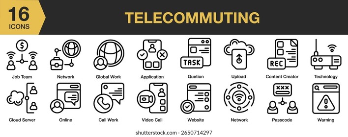 Conjunto de iconos de teletrabajo. Incluye teletrabajo, computadora portátil, computadora, negocios, en línea y más. Colección de Vector de iconos de contorno.