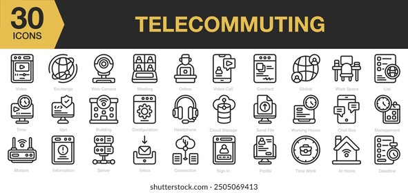 Telecommuting icon set. Includes video, server, global, vpn, exchange and More. Outline icons vector collection.