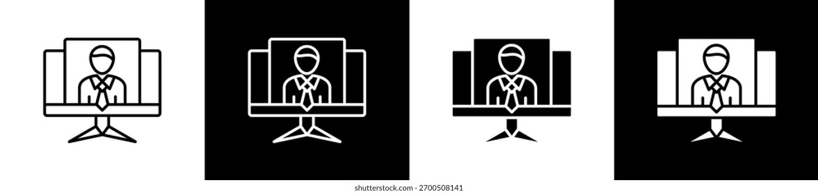 Conjunto de iconos de teletrabajo en línea y estilo de glifo sobre fondo blanco y negro