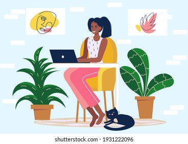 Telecommuting, indoor remote work. Home office. Distance learning. A woman freelancer sitting in a chair and works. Teleworking concept