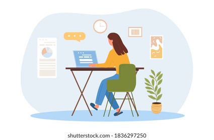 Telecommuting or remote work concept with a girl working on a laptop while sitting at home. Flat cartoon vector illustration