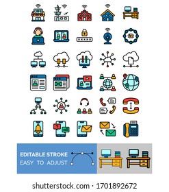 telecommuting or telework related office table, email, mobile, fax, group work, global world, cloud server, speed meter, cafe shop, laptop, computer and smart home vector with editable stroke