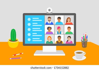 Teleconference concept. Flat vector illustration. Group of young people chatting via video call. Workers stay home and communicate online by computer. Business team talk to each other in group chat
