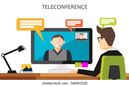 Teleconference concept. Video communication technology illustration. Video call. Businessman having teleconference.