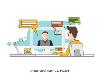 Teleconference concept. Video communication technology illustration. Video call. Businessman having teleconference. Line art