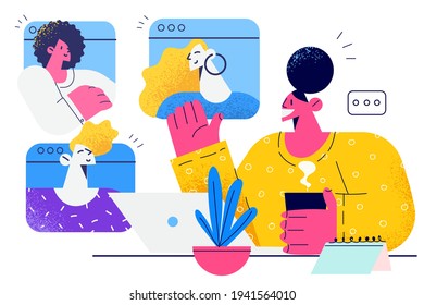 Teleconference, distant work, online communication concept. Group for young people having video call and distant meeting online call in their own home office having remote job vector illustration 