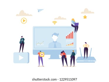 Teleconference Online Communication Concept. Business People at the Video Conference Webinar. Characters on Data Analysis Call Meeting. Vector illustration