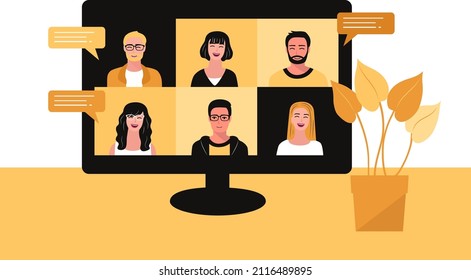 Teleconference, online communication. Remote work.Computer vector.