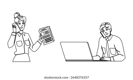 vetor de escritório de chamadas telefônicas de teleconferência. discar mudo, recepção de alto-falante, transferência de ramal telefone de teleconferência personagem do escritório. pessoas linha preta lápis desenho ilustração