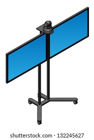 A teleconference setup with two screens and a remote motorised camera.