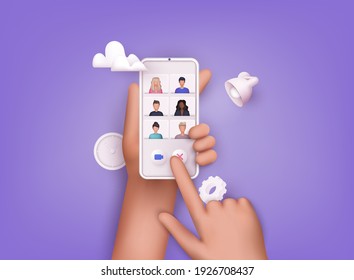 Teleconference web video conference. Colleagues talk to each other on the phone screen. 3D Web Vector Illustrations.