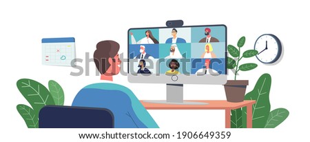 Teleconference, Webcam Group Conference with Coworkers by Computer. Business Characters, Office Employees Speak on Video Call with Remote Colleagues, Online Meeting. Cartoon People Vector Illustration