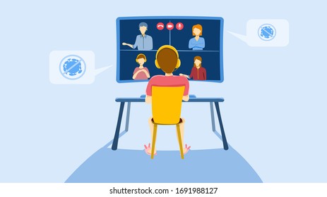 Teleconference for work from home concept : self quarantine to prevent from COVID -19, A man in video conference with colleagues, man and woman. Vector illustration, Flat design