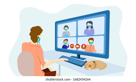 Teleconference for work from home and self quarantine in COVID-19 pandemic concept. A man with video conference or online course with other 3 people. Vector illustration, Flat design