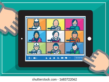 Teleconference for work from home and self quarantine in COVID-19 pandemic concept. Online meeting that involved different profession in tablet. 