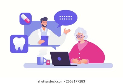 Teledentistry Ilustración vectorial de concepto visual. Video Paciente anciana que consulta al dentista usando la tecnología en línea App de la llamada vía ordenador portátil