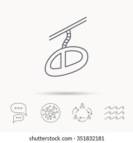 Teleferic icon. Telpher cable-railway sign. Global connect network, ocean wave and chat dialog icons. Teamwork symbol.