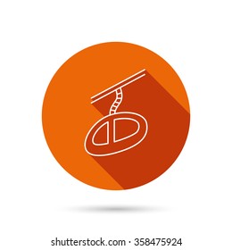 Teleferic icon. Telpher cable-railway sign. Round orange web button with shadow.