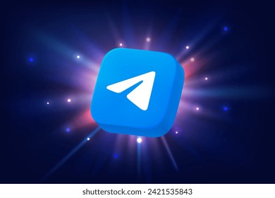 Telegram app 3d icon on space background with rays. Application announement concept. Vector editorial illustration. TURKEY, FETHIYE, January 10, 2024 