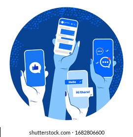 Telegram Or Facebook Post Screen. Smart Phone Conversation Concept. Chat Interface Template. Hand Hold Gadget With Social Network, Delivery, Like, Voice Message, Speech Bubble, UI. Vector Illustration