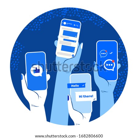 Telegram or Facebook post screen. Smart phone conversation concept. Chat interface template. Hand hold gadget with social network, delivery, like, voice message, speech bubble, UI. Vector illustration