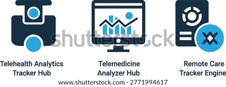 Telehealth analytics telemedicine analyzer remote care icons with telehealth telemedicine analytics analyzer technology computer analysis application software collection consultation