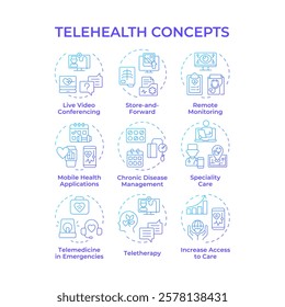 Telehealth blue gradient concept icons. Providing remote service of patient care. Icon pack. Telemedicine work. Vector images. Round shape illustrations for promotional material