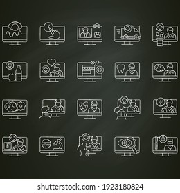  Telehealth Chalk Icons Set. Virtual Medical Consultation. Remote Healthy Check. Telemedicine, Health Care Concept. Online Medical Examinations. Isolated Vector Illustrations On Chalkboard 