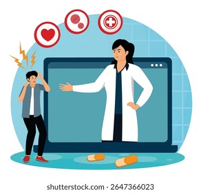 Telehealth concept. A doctor providing virtual healthcare advice via a computer, assisting a patient with medication and health concerns in an online medical consultation setting.